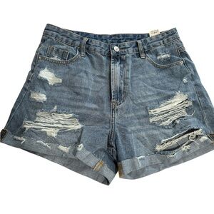 SHEIN Blue Distressed Jean Shorts with Cuffed Hem